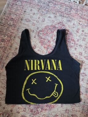 Forever 21 Black Crop Top with Yellow Nirvana Logo